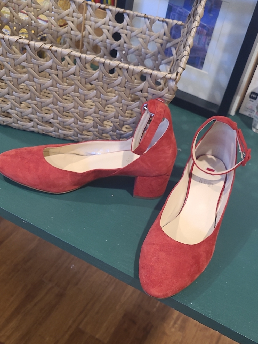 Red Suede Block Heel Slingback Pumps for Women